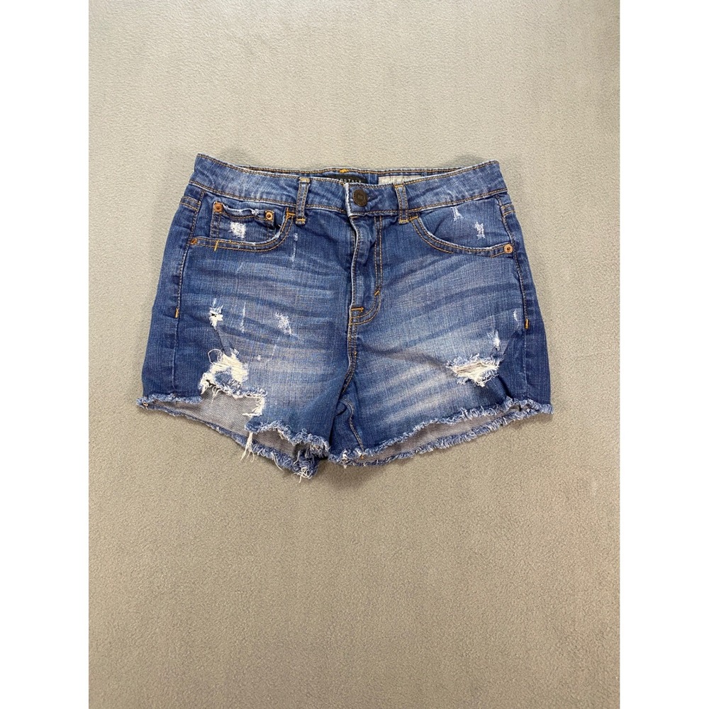 Aeropostale Womens High Waisted Midi Denim Shorts Blue Distressed 6 Distressed